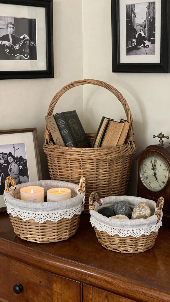 15 Set of 3 Basket Ideas for a Cohesive Layered Storage Display - 3. Vintage Charm Collection 1