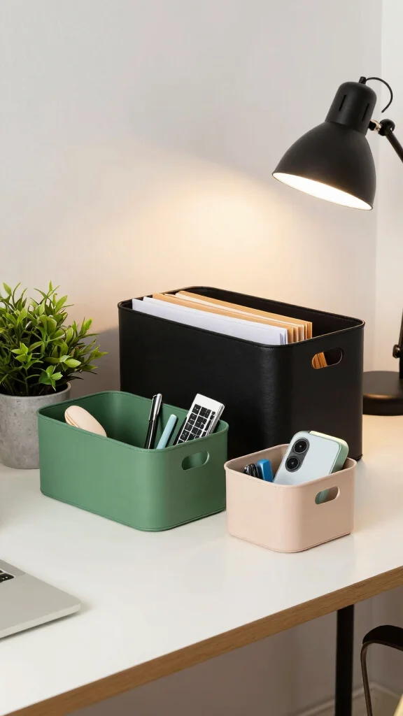 15 Set of 3 Basket Ideas for a Cohesive Layered Storage Display - 8. Stylish Office Organization 1