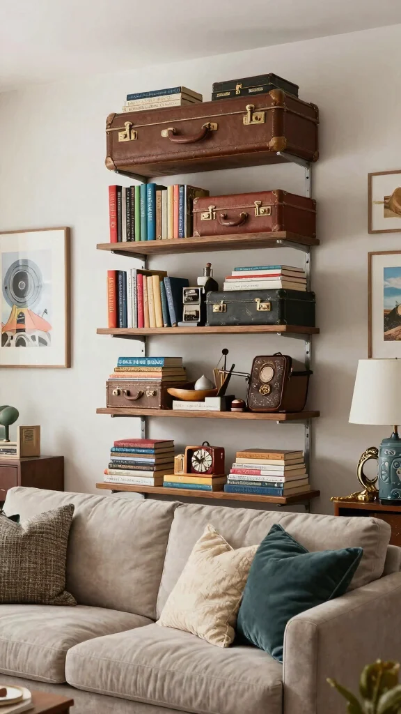 15 Wall Shelf Ideas for a Styled Functional Display - 9. Vintage Suitcase Shelves 1