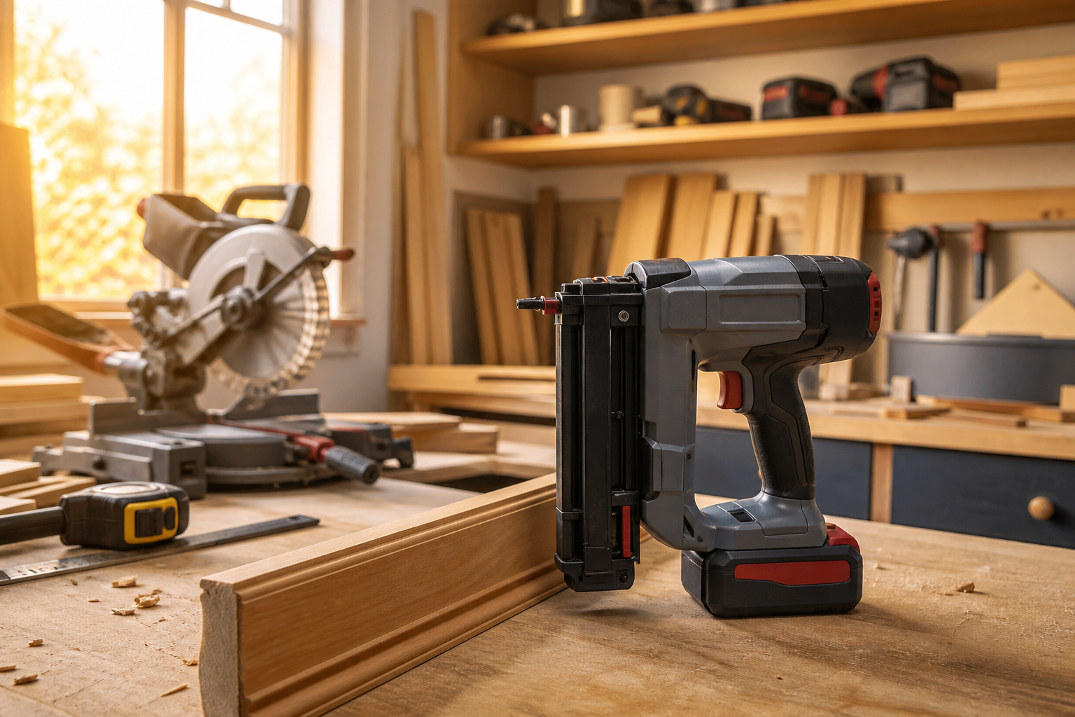 A well-organized home workshop during golden hour with tools and materials.