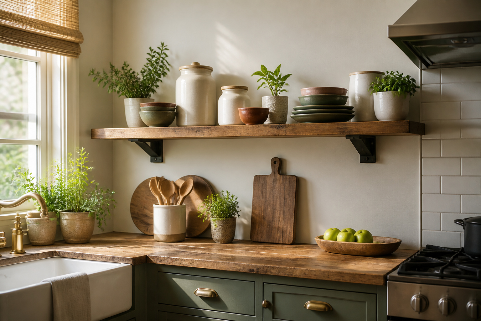 Bright kitchen with heavy duty floating shelves and decorative items