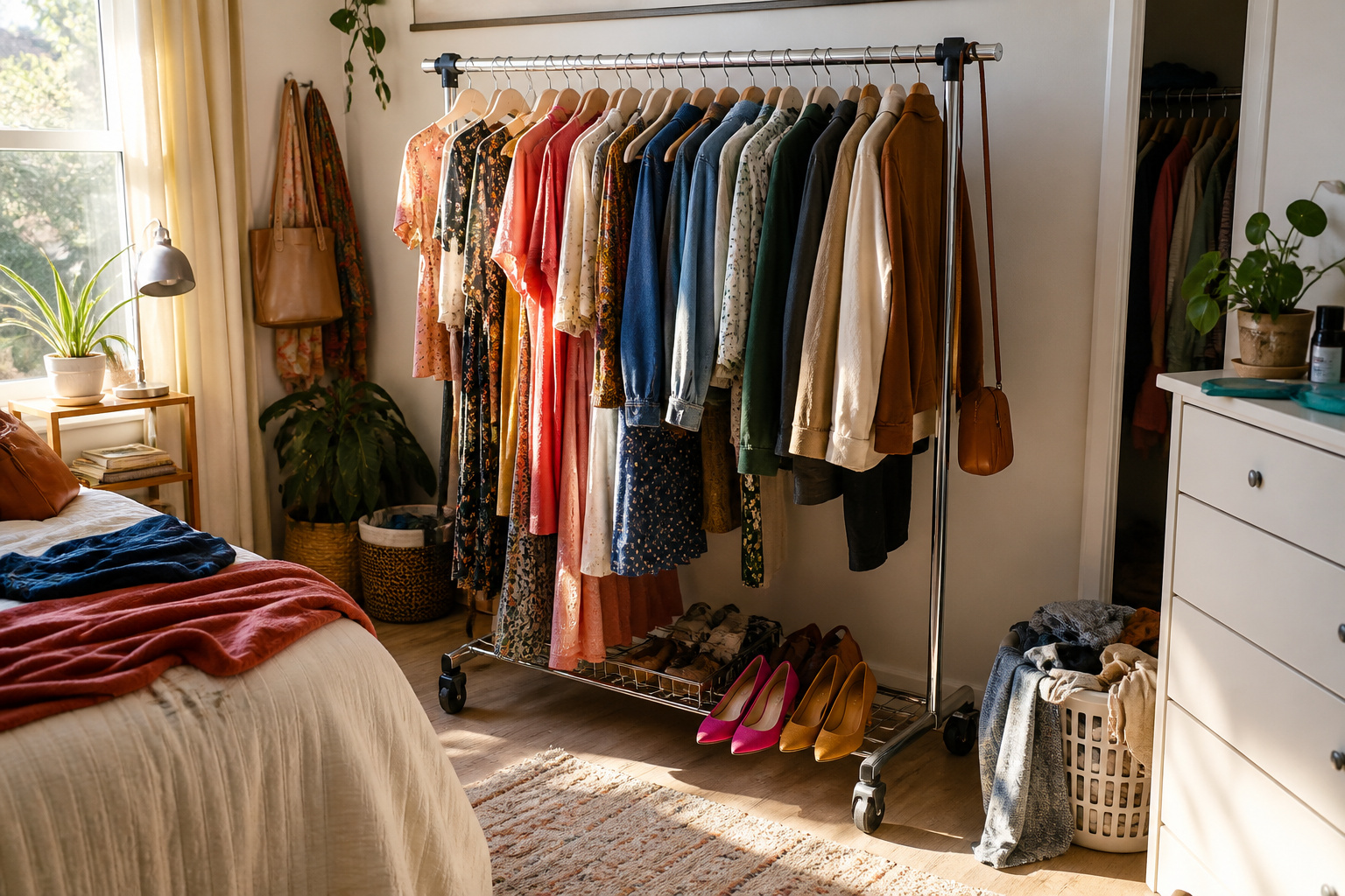A cluttered bedroom corner with a rolling garment rack and soft sunlight
