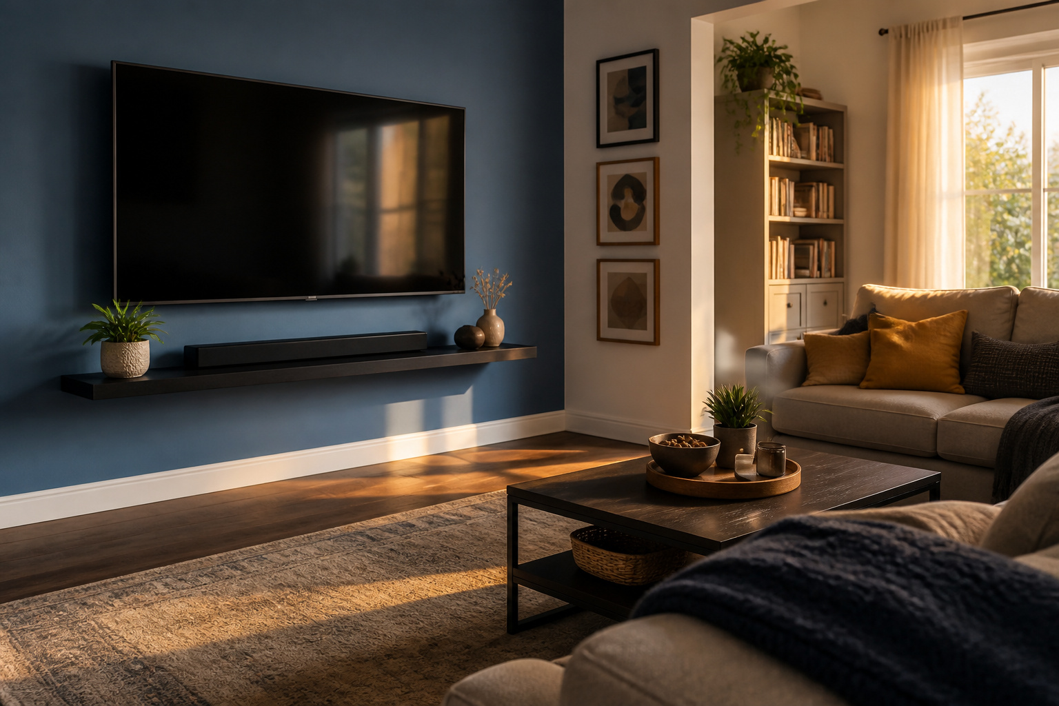 Cozy living room with warm golden light and a mounted TV