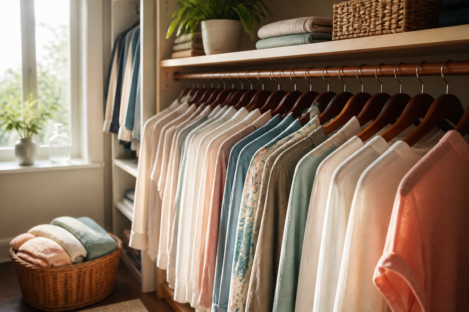 Brightly lit walk-in closet with neatly arranged wooden hangers and clothing