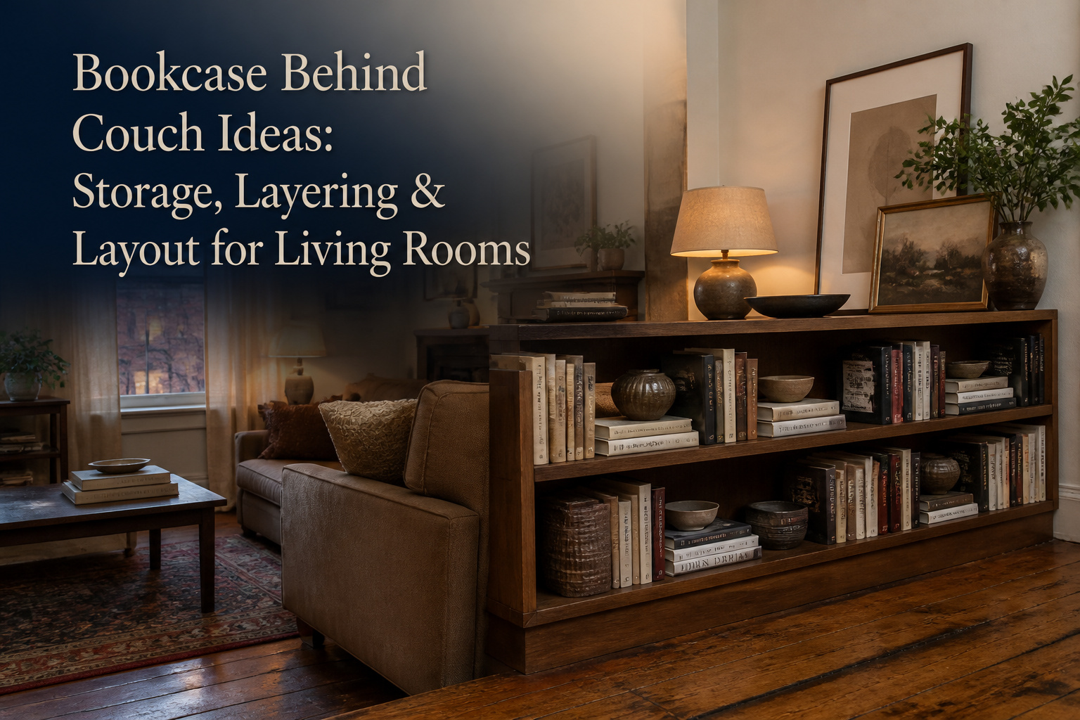 A bookcase placed behind a sofa with decorative items and storage.
