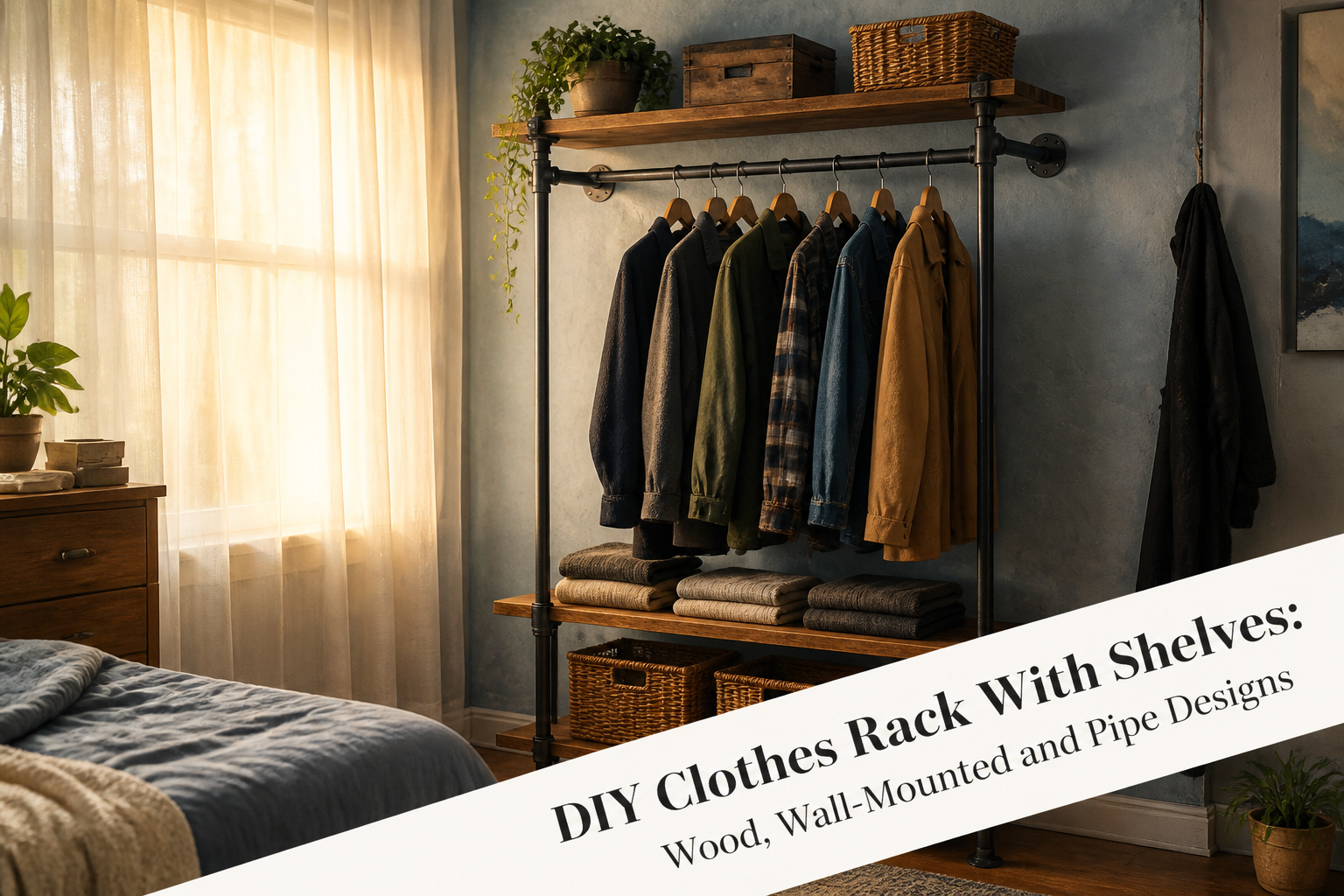 A DIY clothes rack featuring wood and pipe designs with shelves.
