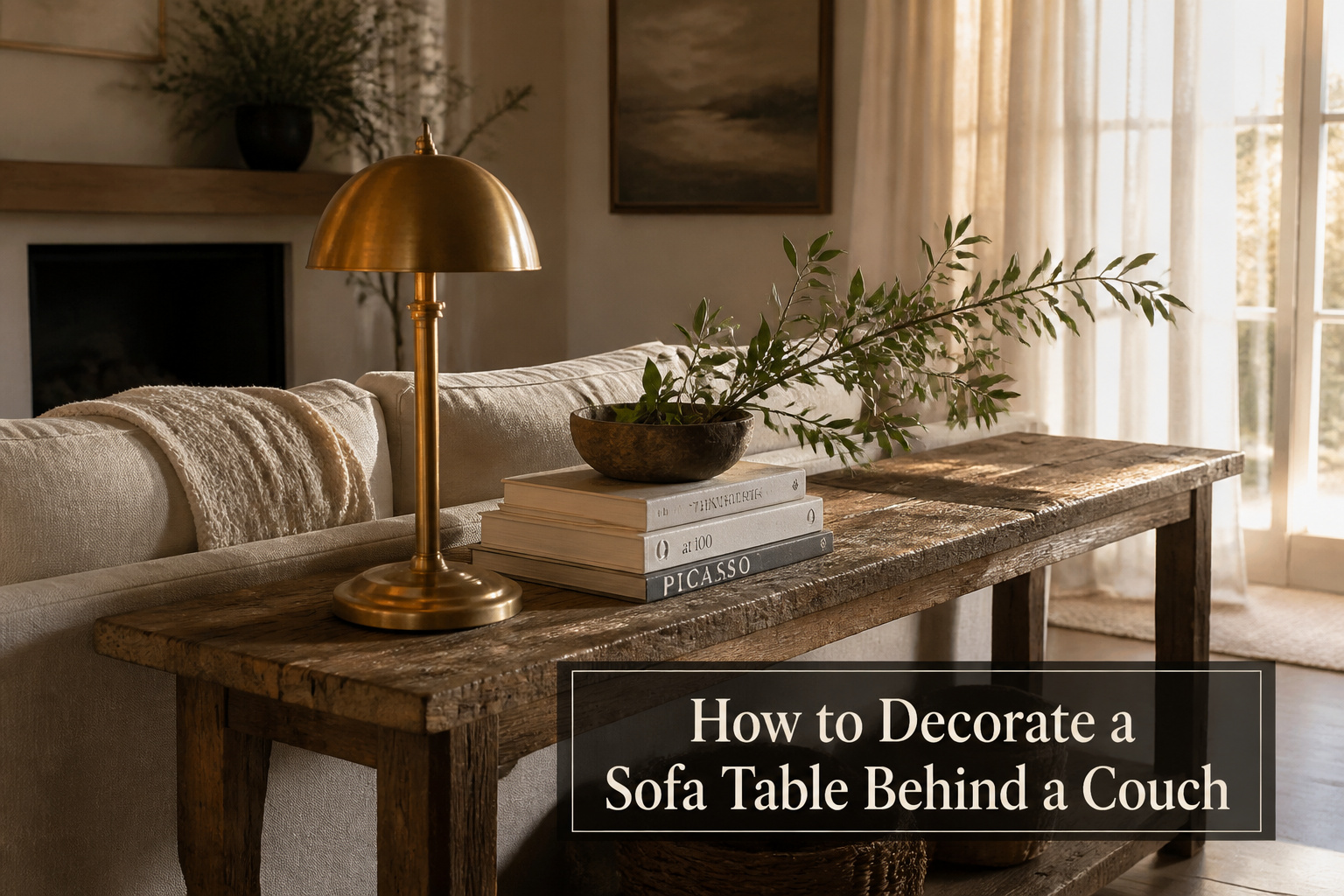 A beautifully decorated sofa table behind a modern couch with lamps and books.