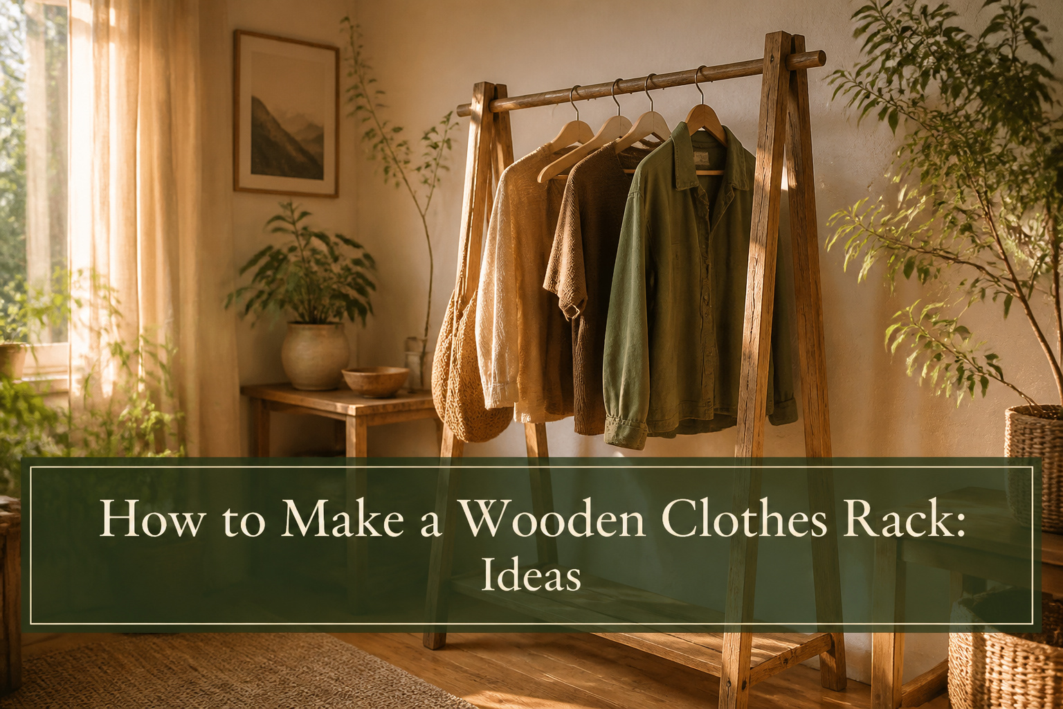 A wooden clothes rack displayed in a well-lit workshop setting.
