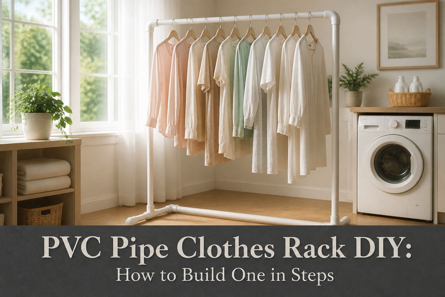 A completed DIY PVC pipe clothes rack in a modern room.