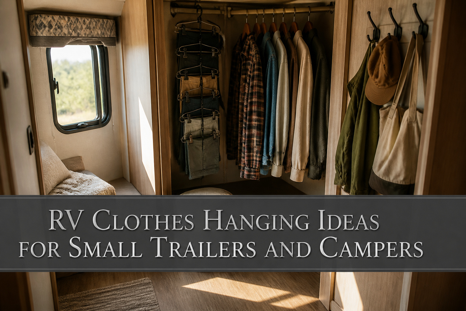 An organized RV closet with layered hangers and colorful garments.
