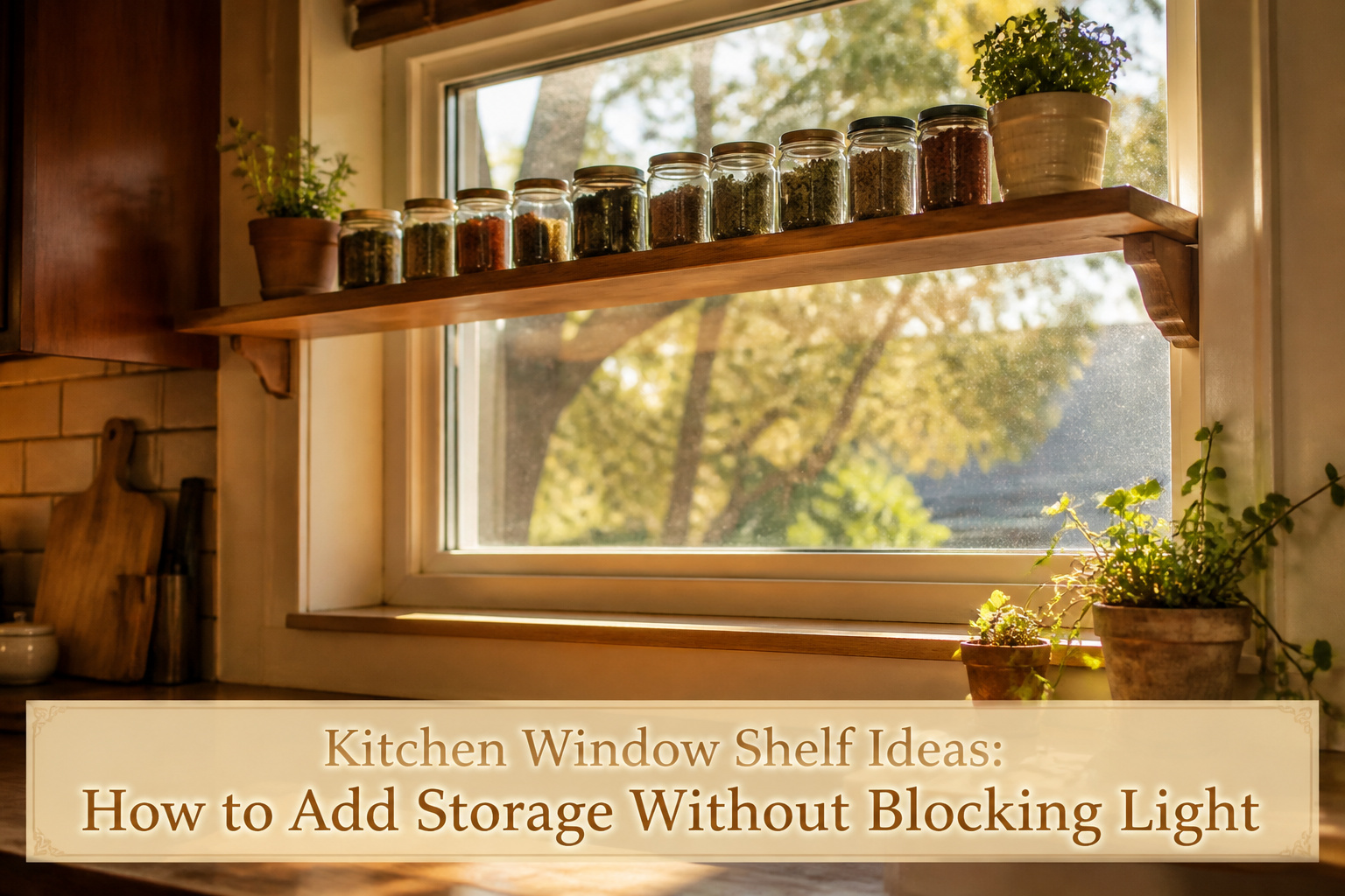 Kitchen window with inset shelves holding spice jars and small plants.