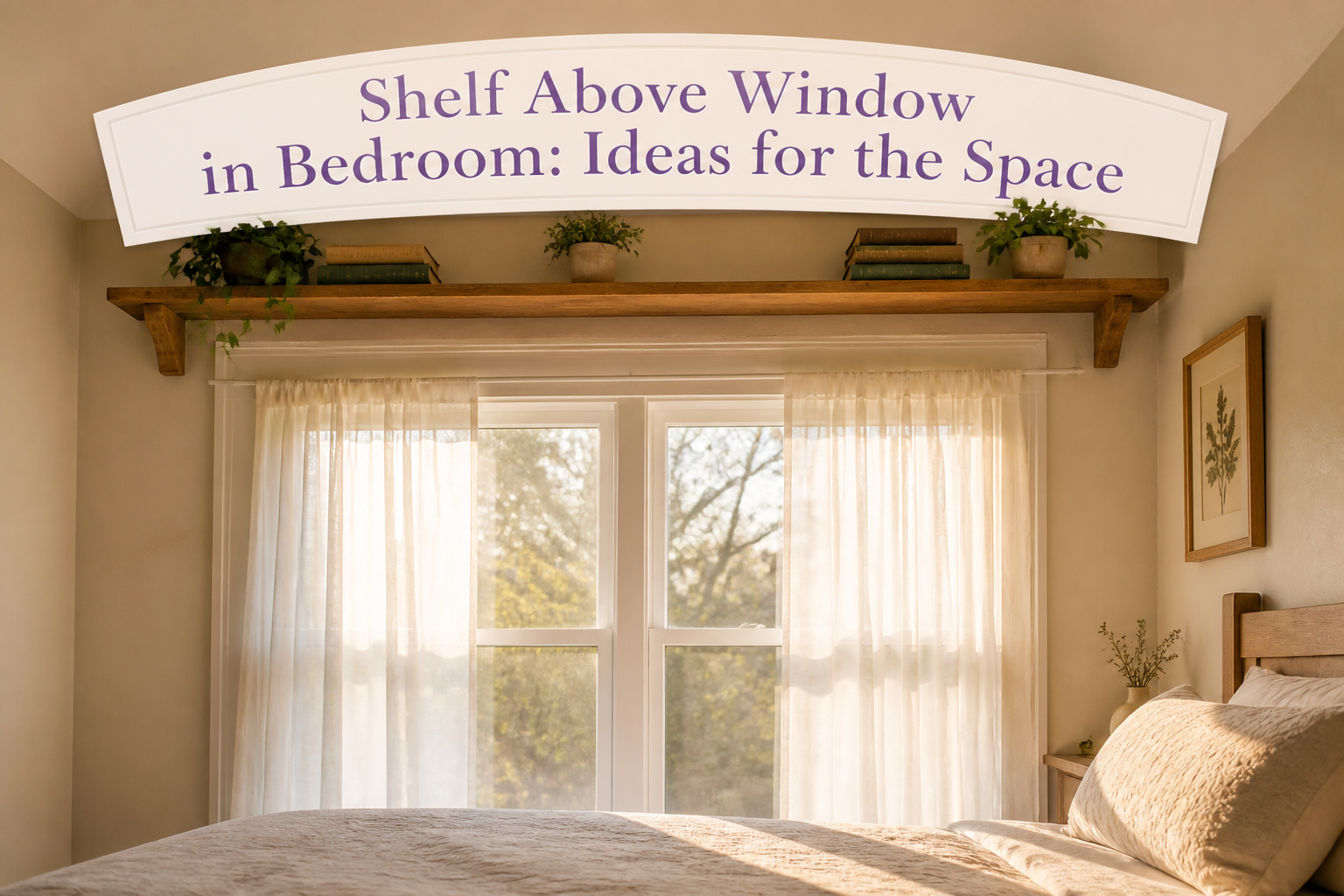 A shelf above a window displaying decorative items and books.