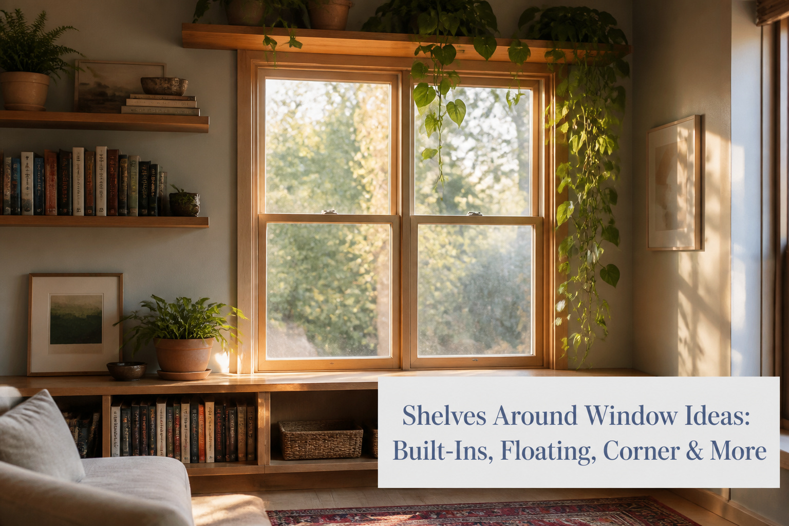 A reading nook with a window seat and built-in shelves.