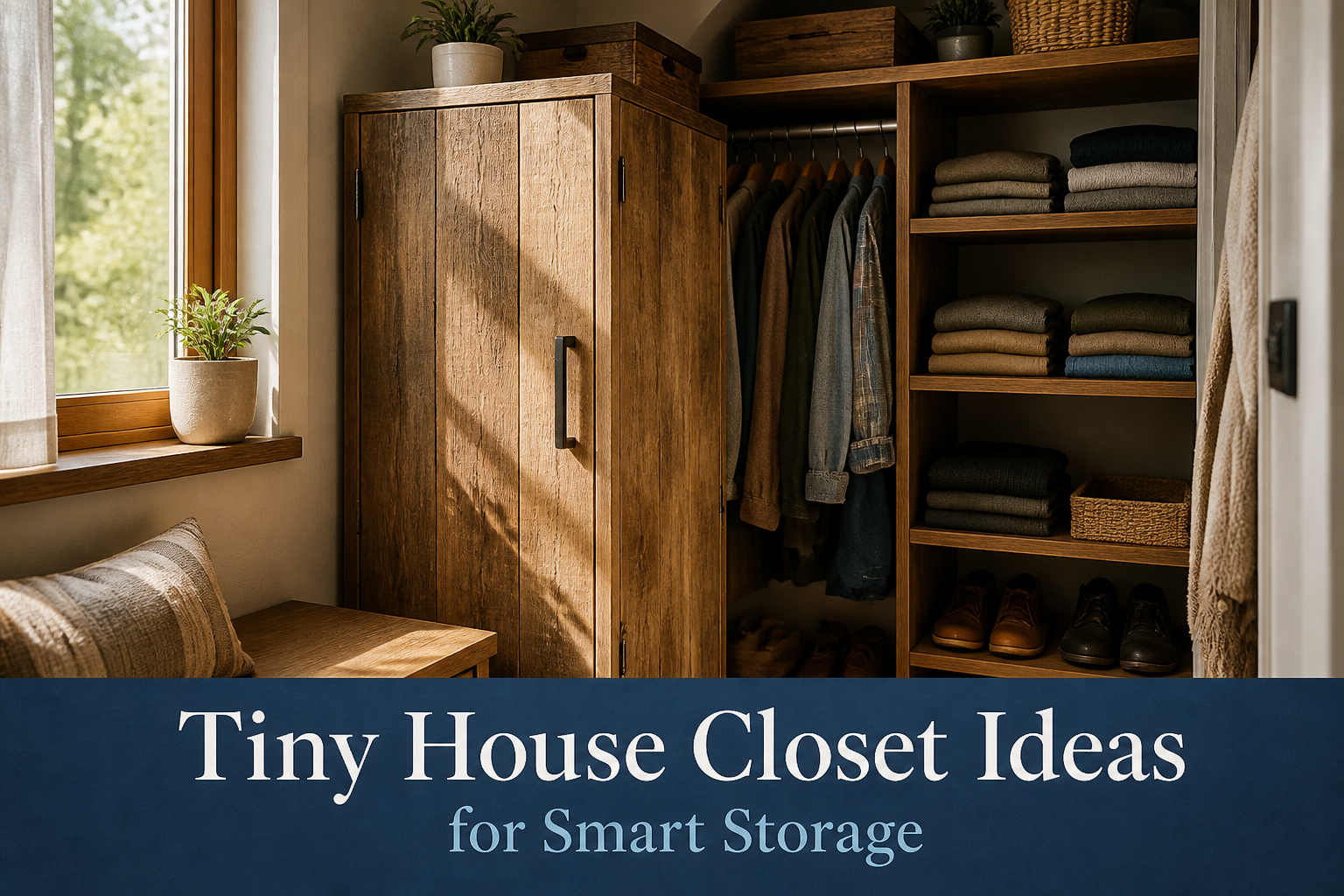 A tiny house closet with organized storage solutions and hooks for clothing.